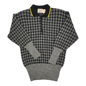 Vintage Houndstooth Wool Blend Black & White Sweater, Yellow Striped Collar